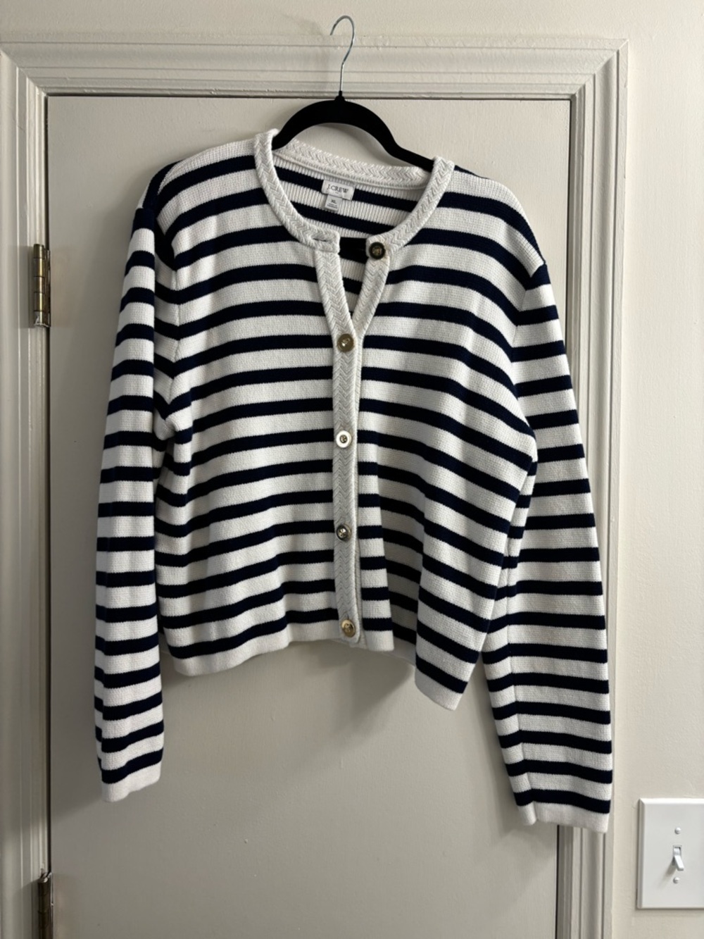 J. Crew Factory Navy and White Striped Button Cardigan